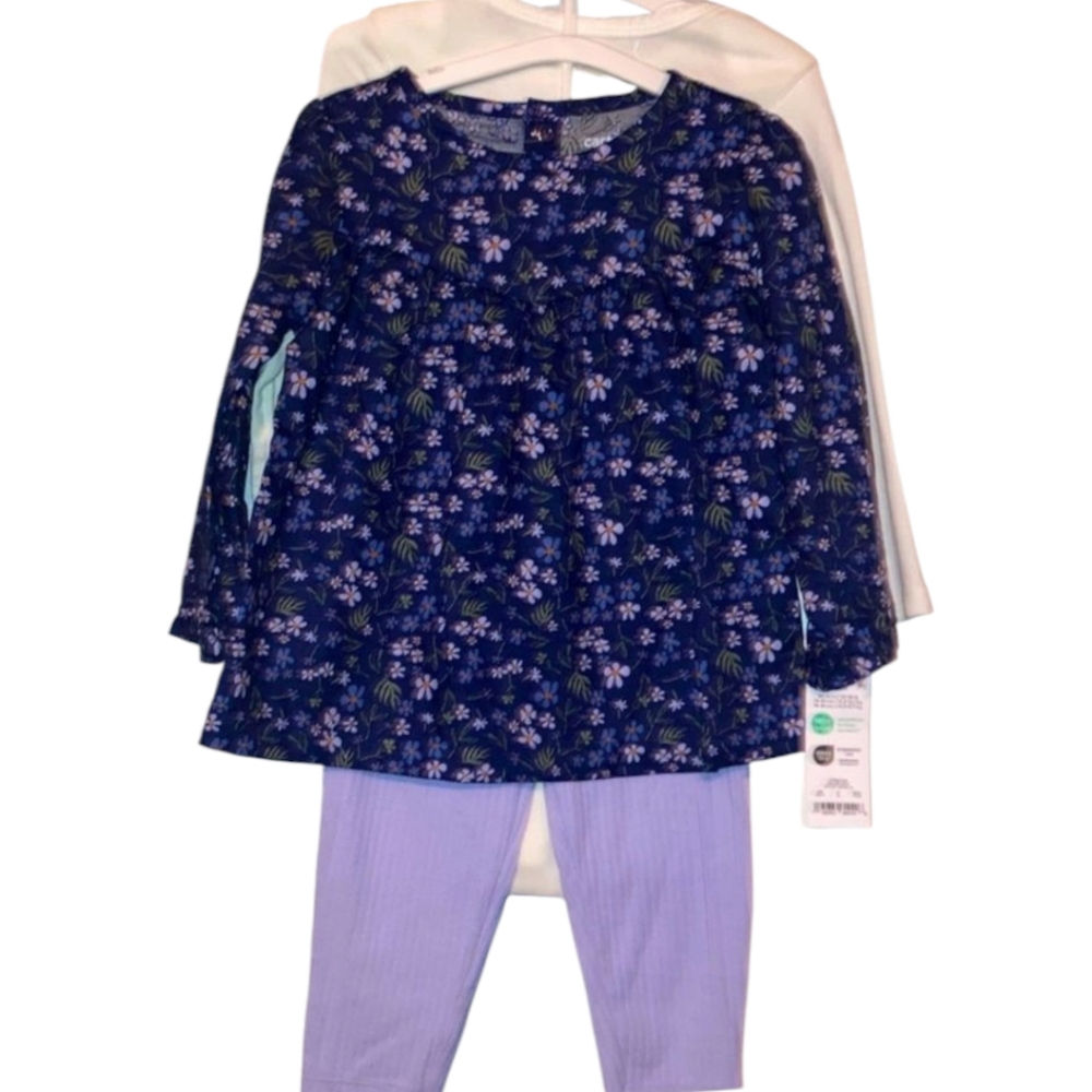 3pc Carter's Floral Blue Tunic, Lavender Leggings, White Onesie, 18 Mos